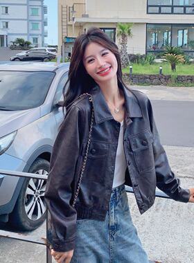 通勤酷飒风翻领皮衣外套女短款搭配百搭机车夹克棕色质感通勤日常
