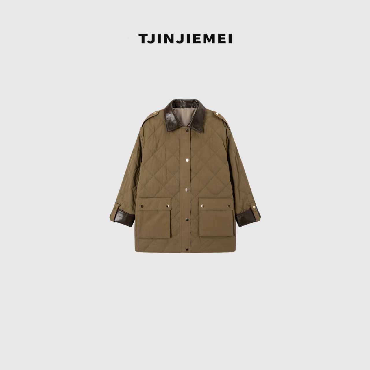 T井姐妹【露丝同款】设计感拼皮衬衫领老钱90鹅绒服ERF2510-ty506