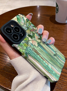 DZ适用苹果15手机壳新款iPhone14潮牌14promax绿色14plus油画蝴蝶13全包12简约11小众xsmax日韩8防摔网红7女