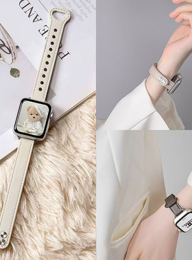 适用苹果iwatchs10手表带简约高级小众s9精灵黑色applewatch8表带iwatch7/6/se皮质百搭手表表带s5s4女款1/2