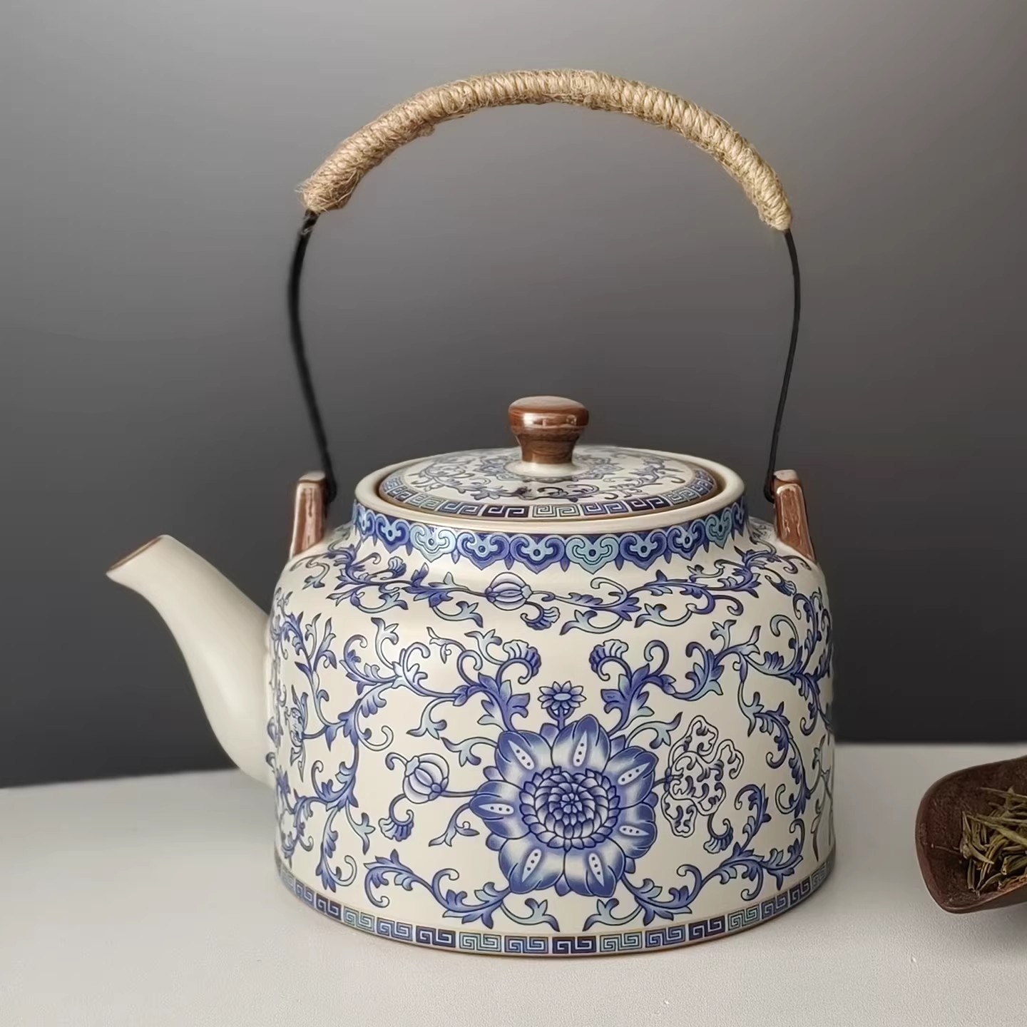 汝窑缠枝莲提梁壶1000毫升大容量陶瓷茶壶泡茶具家用一套2026新款