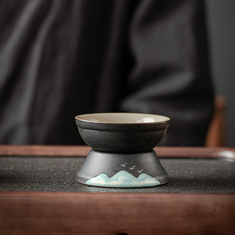 功夫茶具配件茶漏茶滤不锈钢细网茶隔手绘千里江山陶瓷泡茶滤茶器