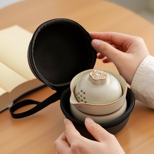 户外旅行茶具套装 米黄汝窑快客杯一壶一杯便携式 一人饮手抓泡茶壶