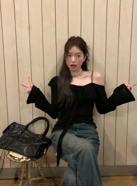 MR【原版 现货】黑色一字肩长袖t恤女装设计感露肩吊带上衣
