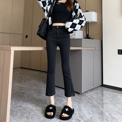 黑色开叉微喇牛仔裤女2025年秋冬新款小个子九分高腰显瘦喇叭裤潮