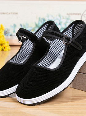 新款老北京布鞋女平跟舒适灯芯绒布鞋黑色工作鞋中老年人妈妈鞋