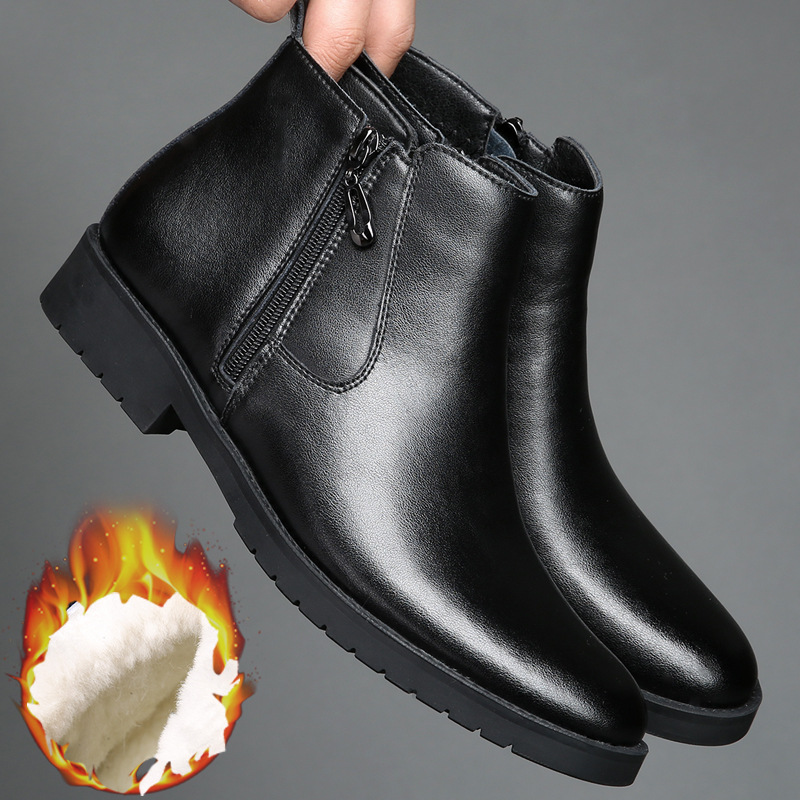 男士牛皮加绒加厚高帮休闲鞋