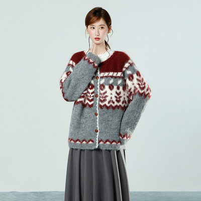 实拍实价复古费尔岛提花针织开衫毛衣外套女2025秋冬季慵懒风上衣
