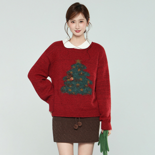 实拍实价红色圣诞树提花毛衣女2025秋冬新款 上衣 宽松慵懒风针织衫