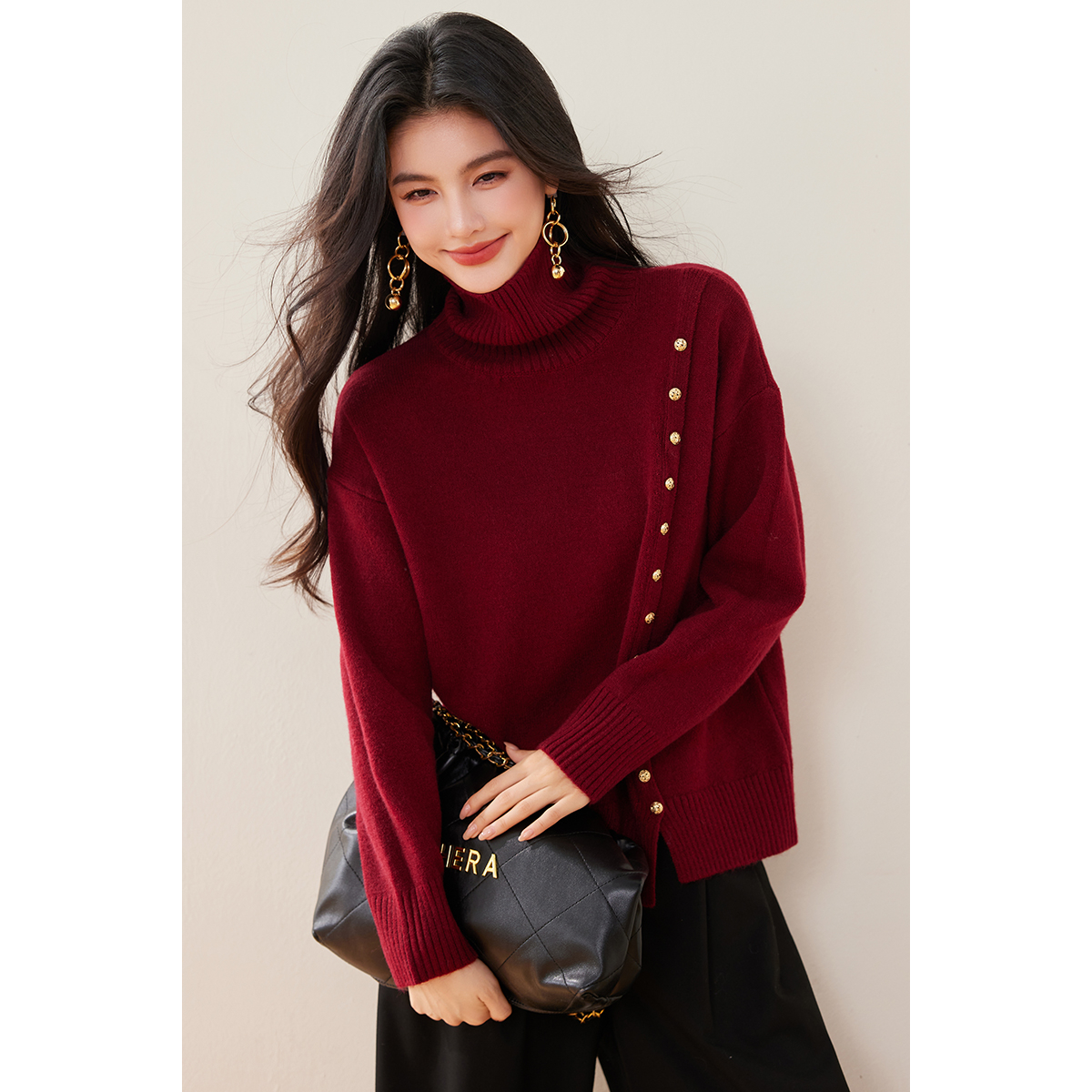 红色甜美风设计感落肩袖