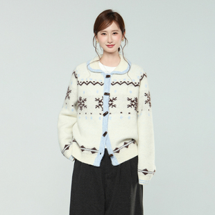 实拍实价设计感慵懒风费尔岛白色毛衣女秋冬针织开衫 上衣 外穿毛衫