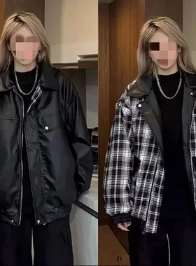 机车服男女双面穿pu格子女同款休闲新款高街现货男皮衣春秋季外套