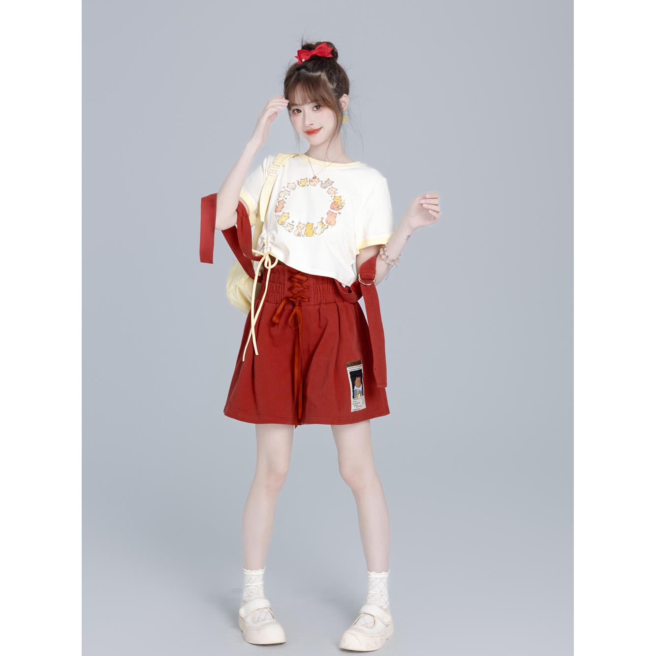 咸鱼衣橱 学甜美季DOV院风砖红款色背带裤女夏薄小个子宽松阔腿短
