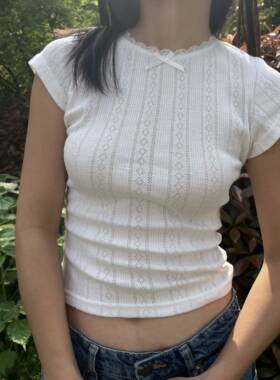 TheDINA纯色蕾丝花边蝴蝶结修身显瘦T恤白色短袖夏季短款上衣夏季