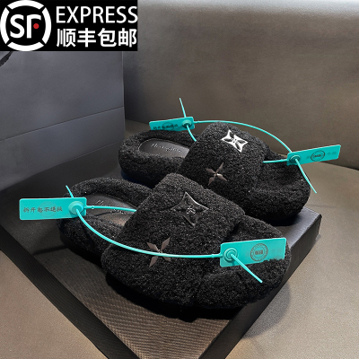 赵露思同款黑色毛毛拖鞋冬季棉鞋