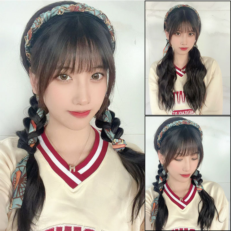 假发女长发复古发箍式半头套u型水波纹 港风单双马尾发卡仿真假发