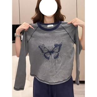 欧洲站欧货上衣 显瘦内搭打底衫 高级感灰色插肩长袖 T恤女春秋大码