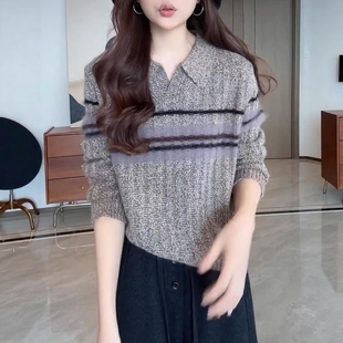 胖mm遮肚子显瘦打底衫 女春秋季 内搭上衣 高级感条纹翻领针织衫 大码
