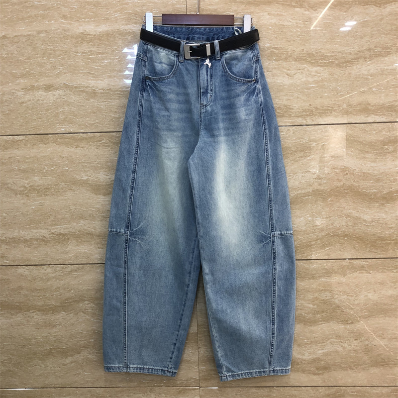 欧洲站6366-1浅蓝色弯刀褶皱阔腿宽松显瘦腰带初夏薄款牛仔长裤女