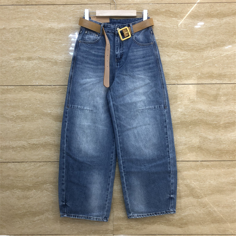 红提子HTZ66069腰带弯刀宽松阔腿褶皱春装薄款牛仔裤女浅色百搭款