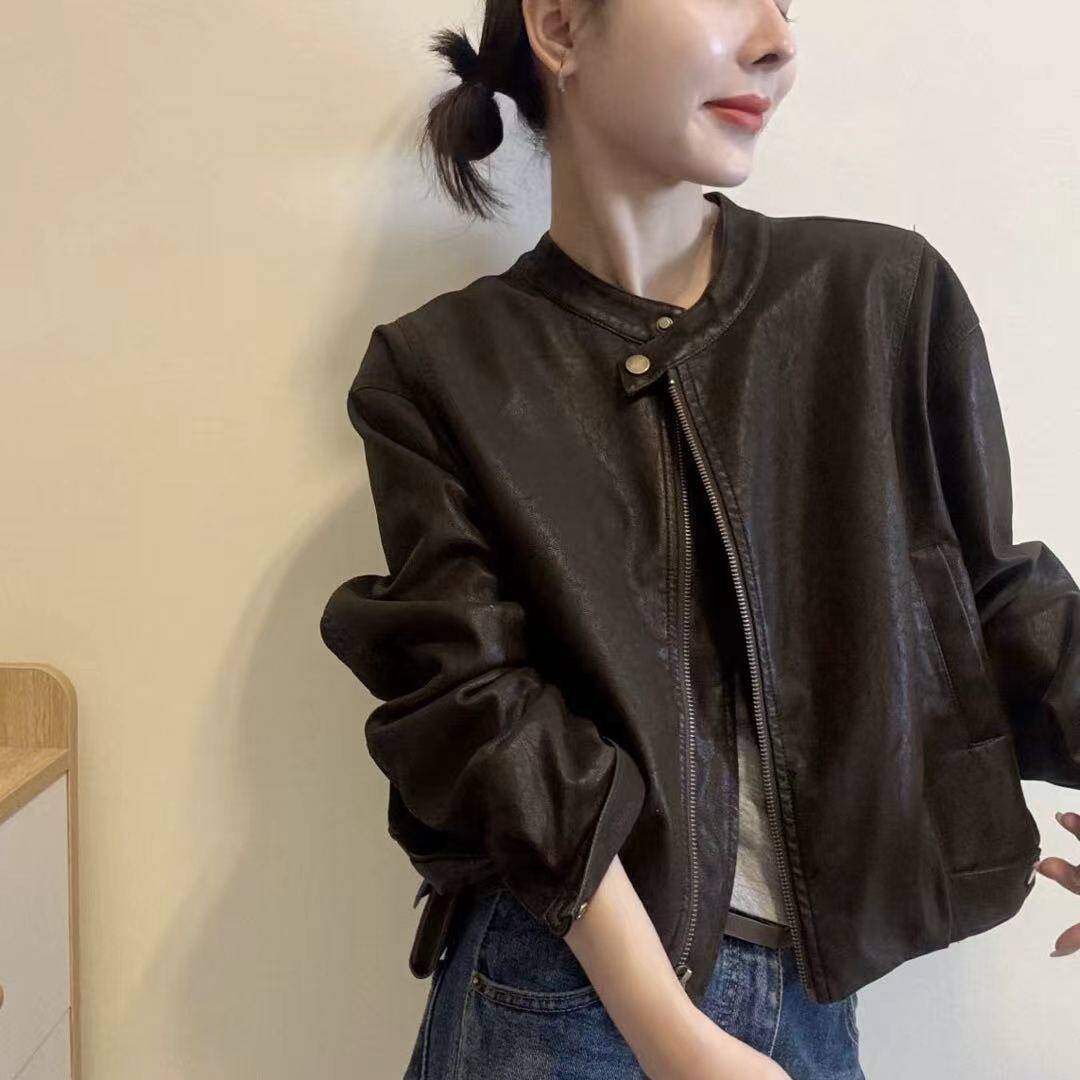 复古做旧立领机车风加棉皮衣女装