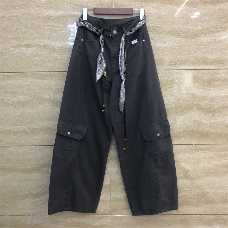 欧洲站6361-2灰咖色正品丝巾腰带褶皱纽扣口袋工装设计弯刀休闲裤