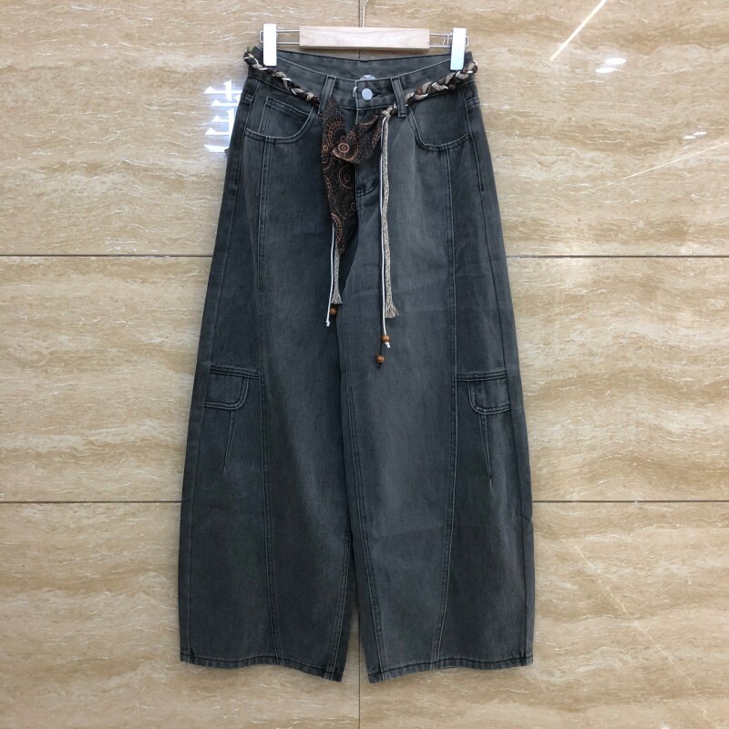 爆犀牛复古工装弯刀阔腿牛仔裤女