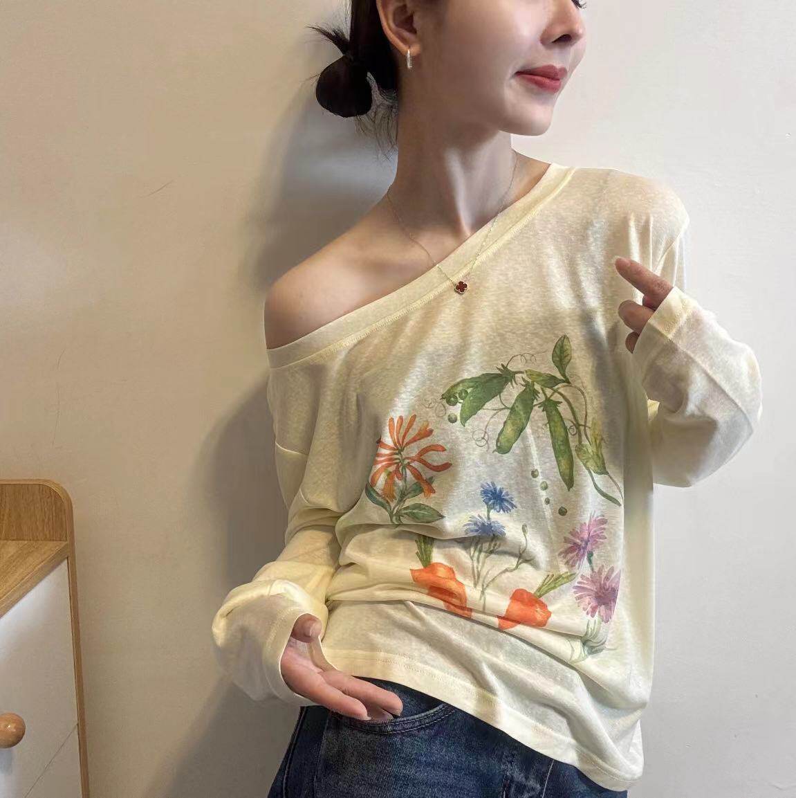 欧韩设计感重工慵懒风绿植印花长袖防晒T恤女2026夏新款宽松上衣