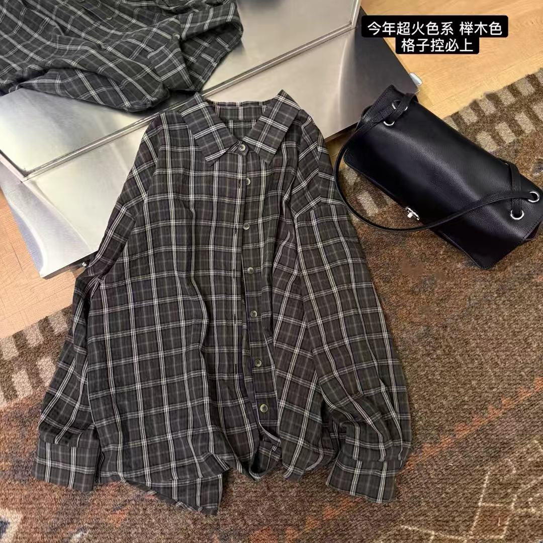 复古格子宽松翻领长袖衬衫女秋款