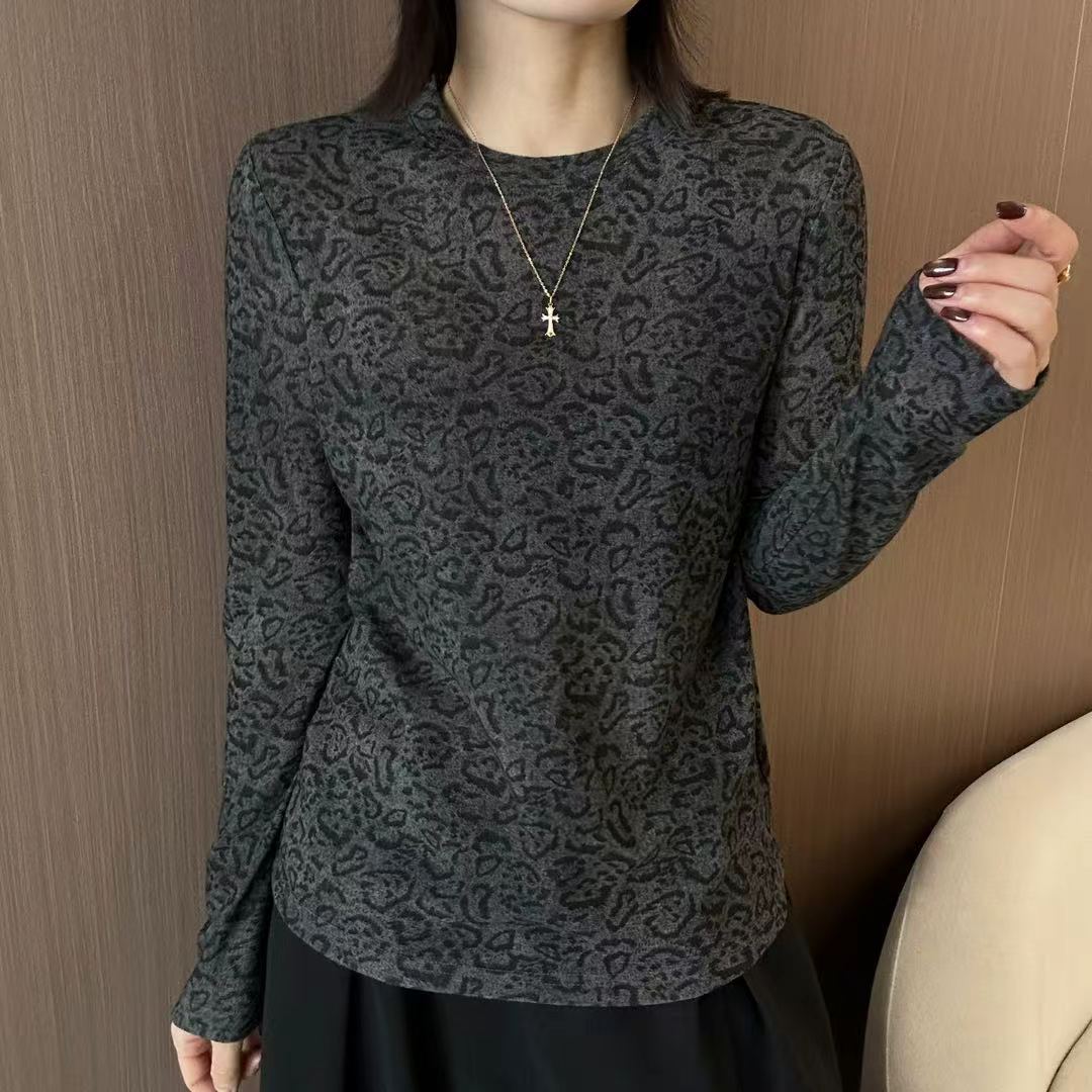 复古豹纹长袖宽松显瘦T恤女秋款