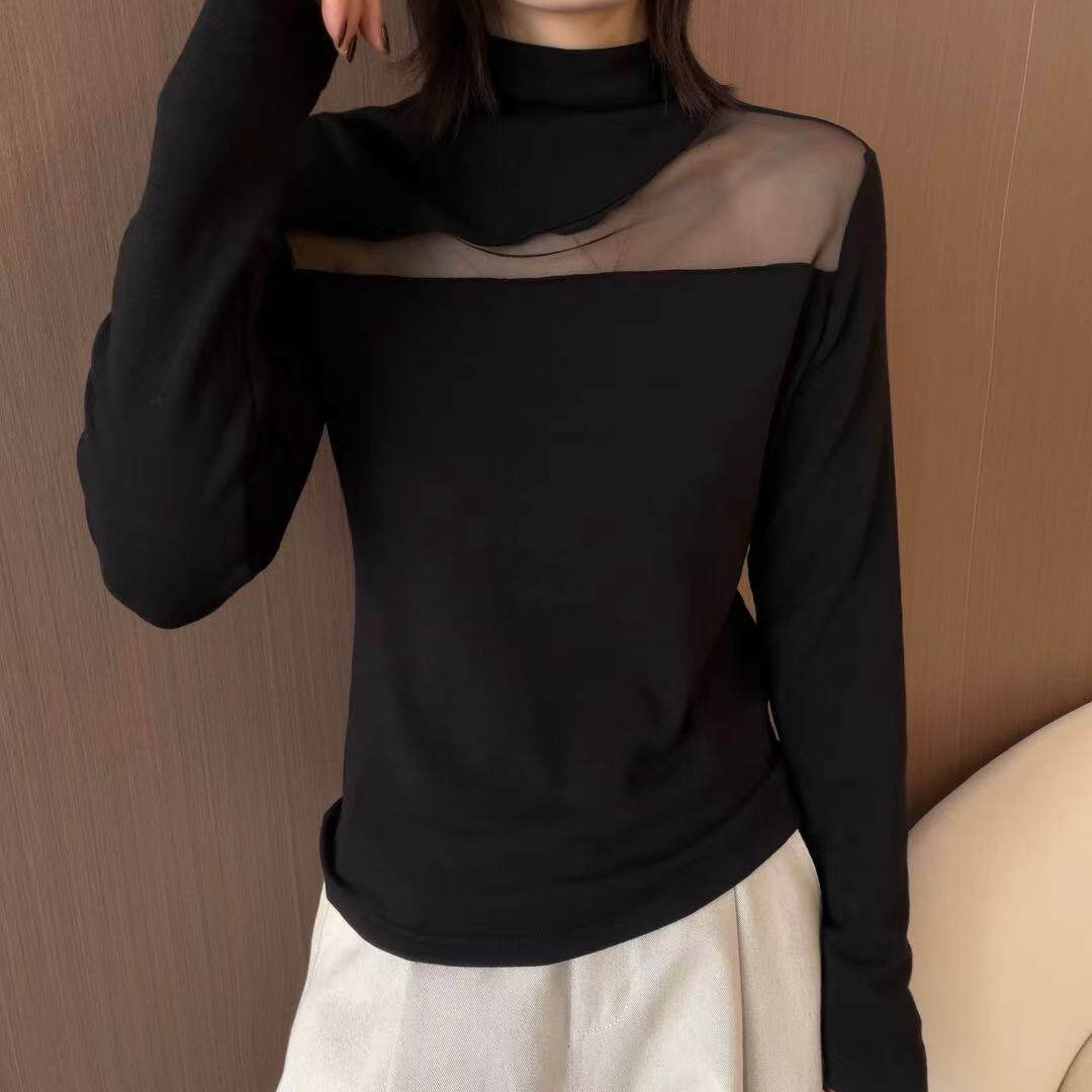 冬季加绒网纱拼接长袖显瘦T恤女