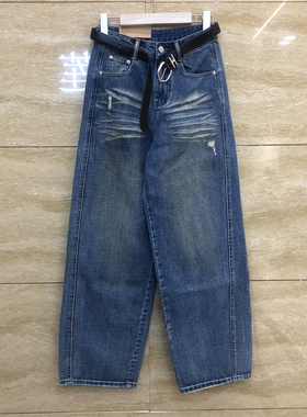 红提子HTZ66003渐变色破洞褶皱欧洲站腰带春装薄款牛仔裤女百搭款