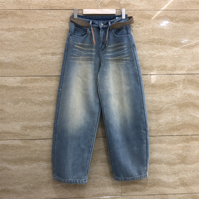 欧洲站渐变色设计浅蓝弯刀牛仔裤