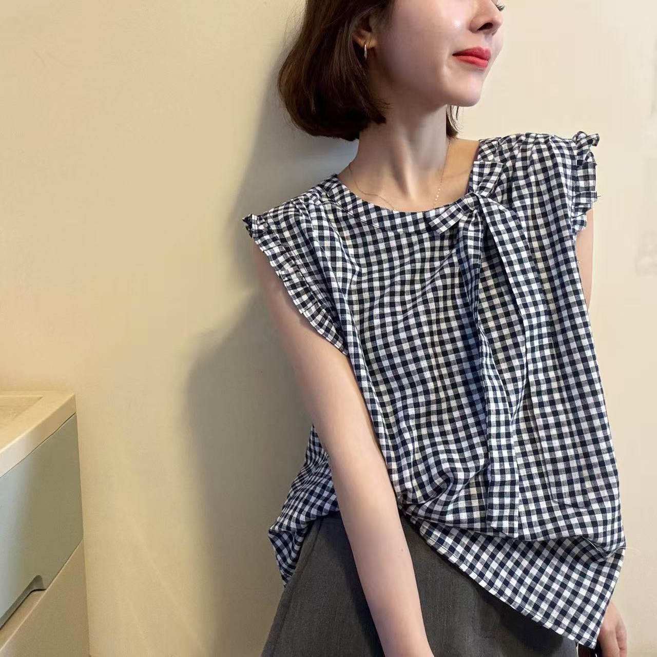 欧韩蝴蝶结无袖格子衬衫女2025 夏季新款洋气减龄显瘦别致上衣潮