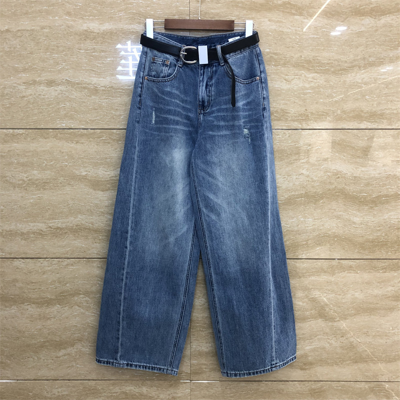 欧洲站2026春装薄款浅色阔腿直筒宽松显瘦破洞猫抓设计腰带牛仔裤