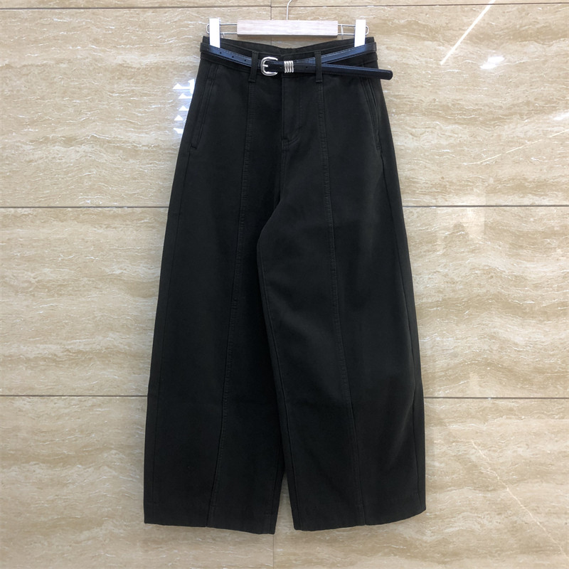 欧洲站6730-2军绿色褶皱弯刀设计加绒腰带光板宽松牛仔裤女冬季款