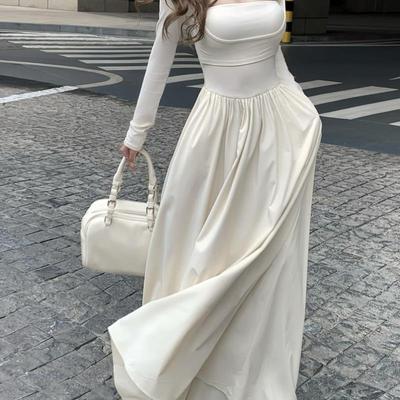 假两件方领长袖连衣裙女秋季新款收腰a字裙子白色气质小众中长裙