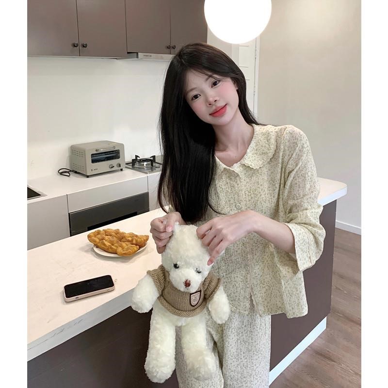韩版小清新娃娃领碎花婴儿纯棉纱睡衣女春秋季新款长袖家居服套装