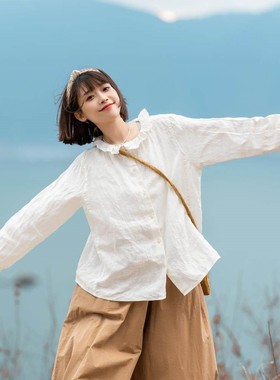 荷叶领日系亚麻衬衫秋装2023新 小个子穿搭上衣衬衣GOODTIME