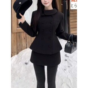 富家千金气质收腰短款夹棉毛呢子外套女冬半身短裙两件套装小个子