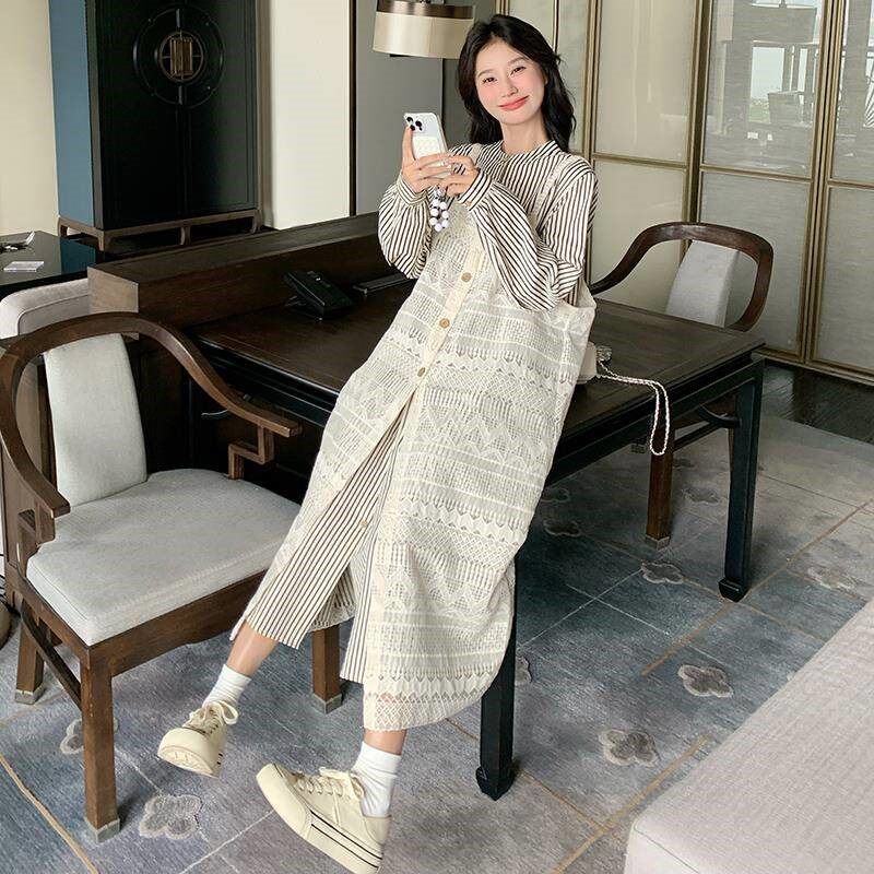 叠穿罩衫条纹连衣裙时尚套装女2024秋新款高级感减龄背带裙两件套