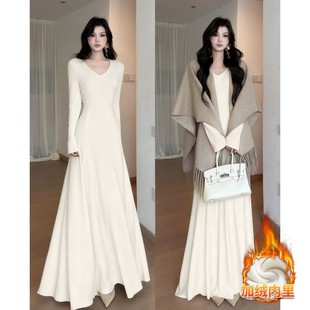 大衣内搭白色针织连衣裙女秋冬修身包臀裙子长款打底冬季加绒加厚