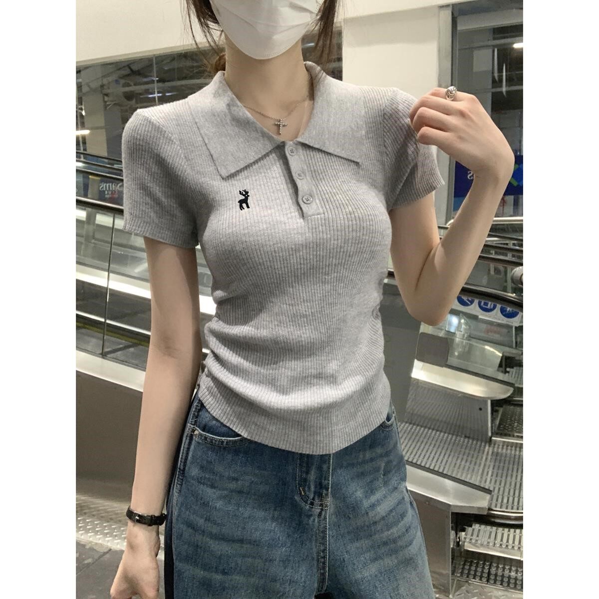 polo领灰色短袖正肩T恤女夏季2025新款衣服巨好看的夏装夏天上衣