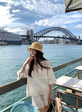 CloudSweet白云甜fairy vibe镂空刺绣亚麻套装女夏短袖短裤两件套