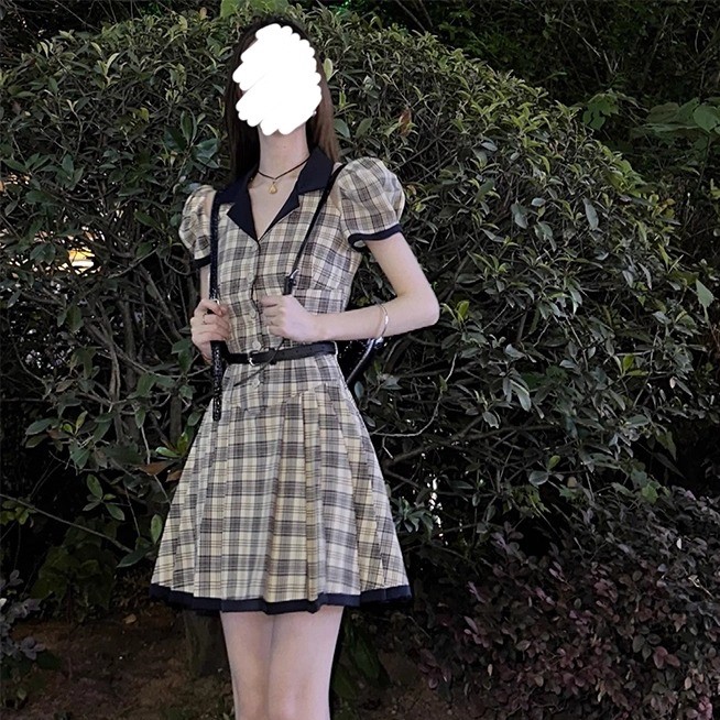 韩系学院风格子连身裙女夏修身收腰显瘦2025新款气质甜美少女裙子