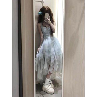 法式甜美不规则吊带连衣裙女夏日绝美在逃公主收腰网纱蓬蓬长裙子