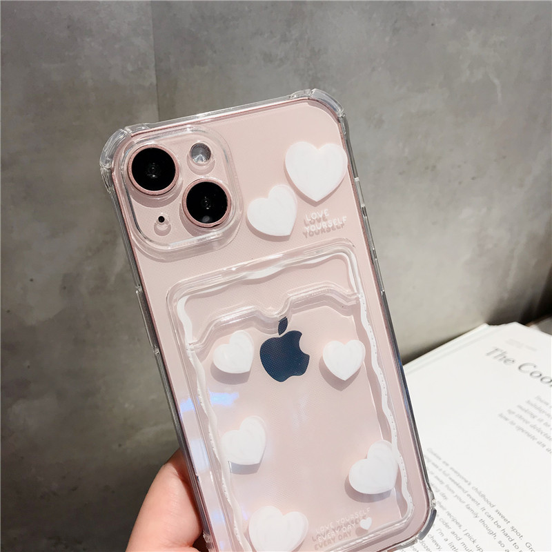 白色爱心情侣卡片袋适用于苹果14手机壳可放照片12网红女款iphone13promax保护套XSMAX透明XR插卡8Plus防摔壳