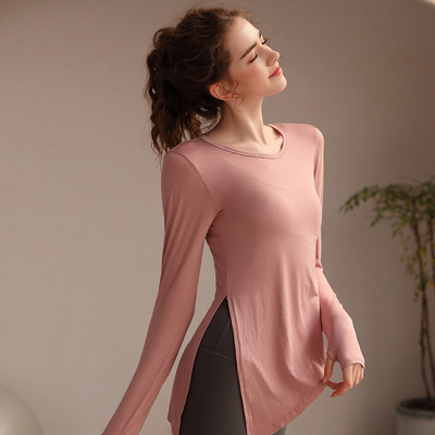 新款同款瑜伽服女专业普拉提上衣2022性感健身服长袖开叉设计夏
