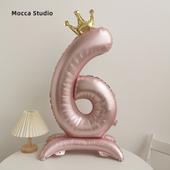 新款 带底座大号珠光粉数字铝膜气球生日装 饰场景布置女孩周岁拍照