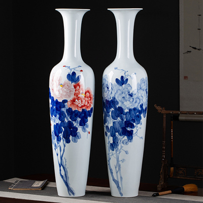 景德镇手绘陶瓷落地清新简约纤细大花瓶家居现代客厅摆件插花瓷瓶